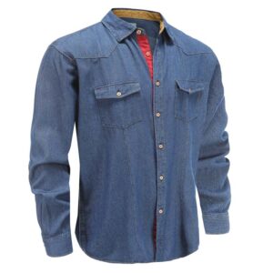 Ollies Fashion Herrenhemd aus blauem Denim mit Brusttasche und taupefarbener Akzentuierung
