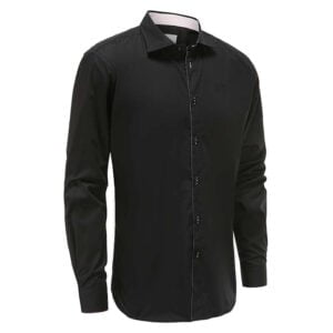 Schwarzes Herrenhemd aus Baumwolle mit langen Ärmeln und rosa Details.