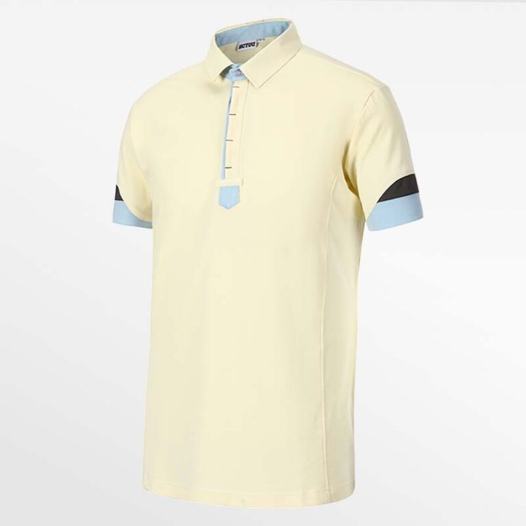 Men's polo shirt in yellow with blue sleeve and collar details, HCTUD